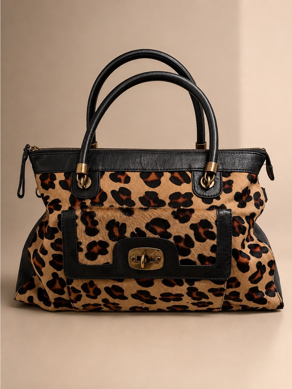 Vintage 90s Nordstrom Leopard Calf Hair & Leather Satchel Bag – Turn Lock Black - Picture 1 of 12